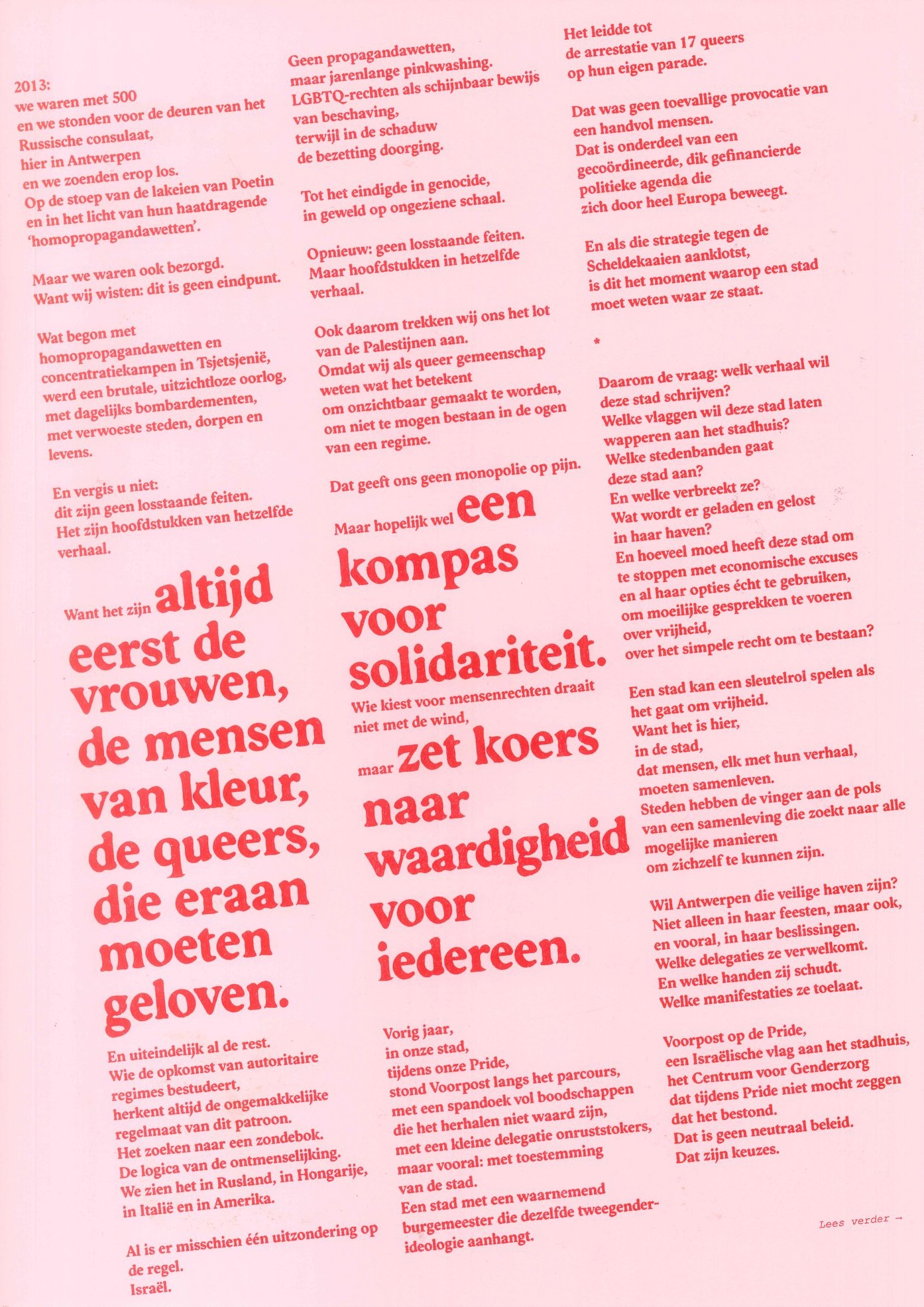 Achterzijde van het pamflet, met de doorlopende tekst van Marcia Poelman